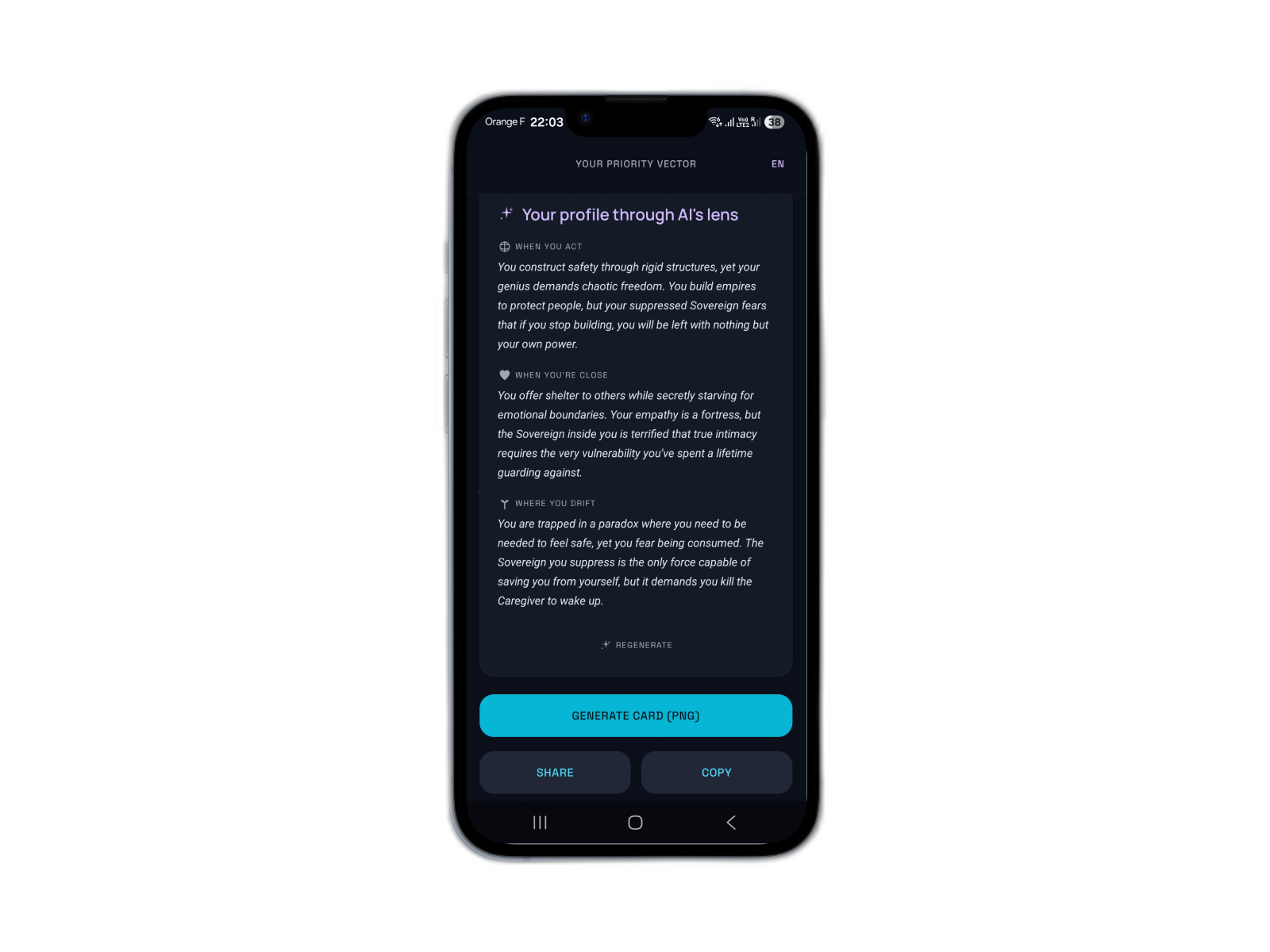 KOMPAS AI Insights screen — archetype, shadow, conflict map.