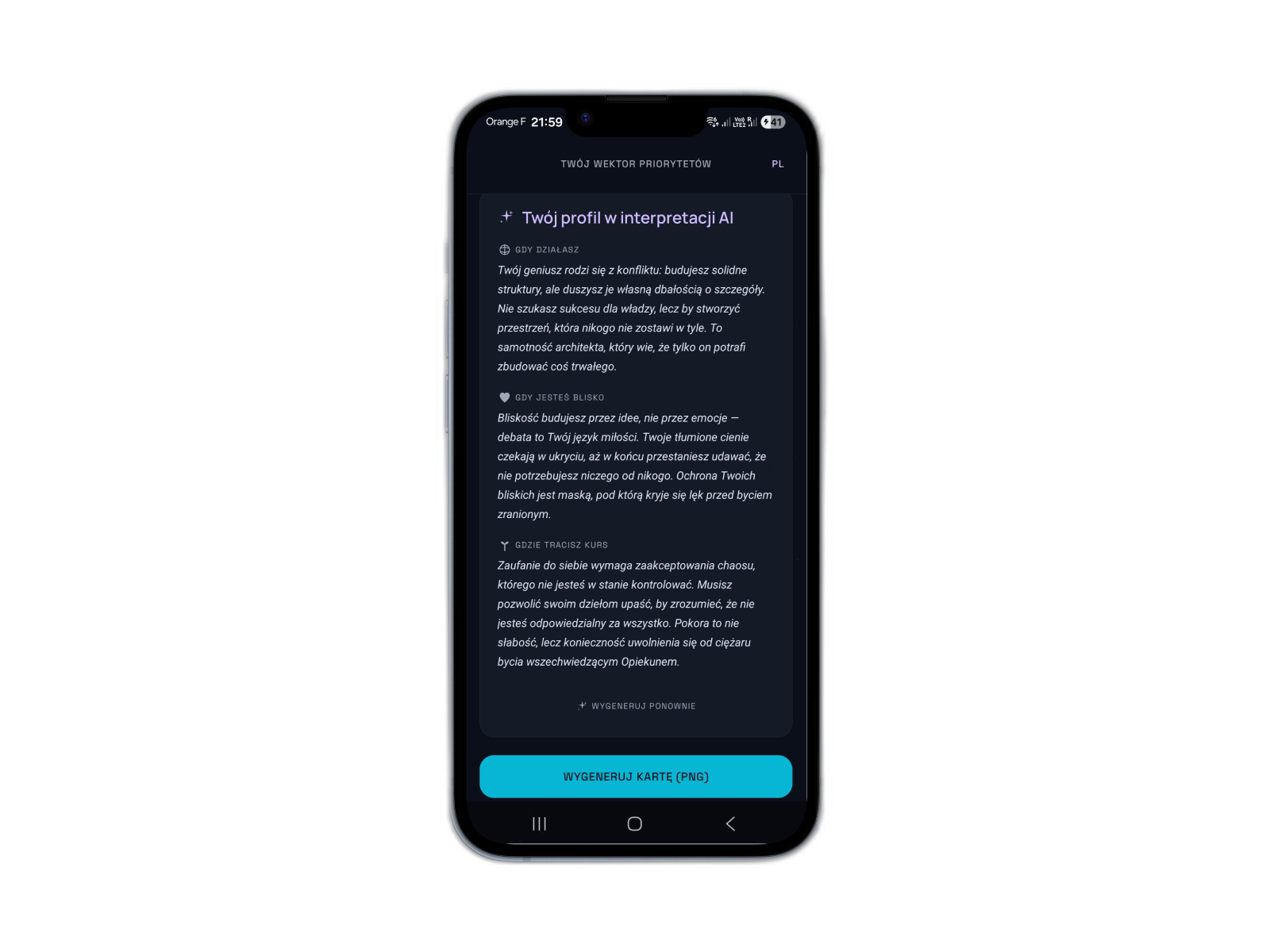 Ekran KOMPAS Insights AI — archetyp, cień, mapa konfliktu.